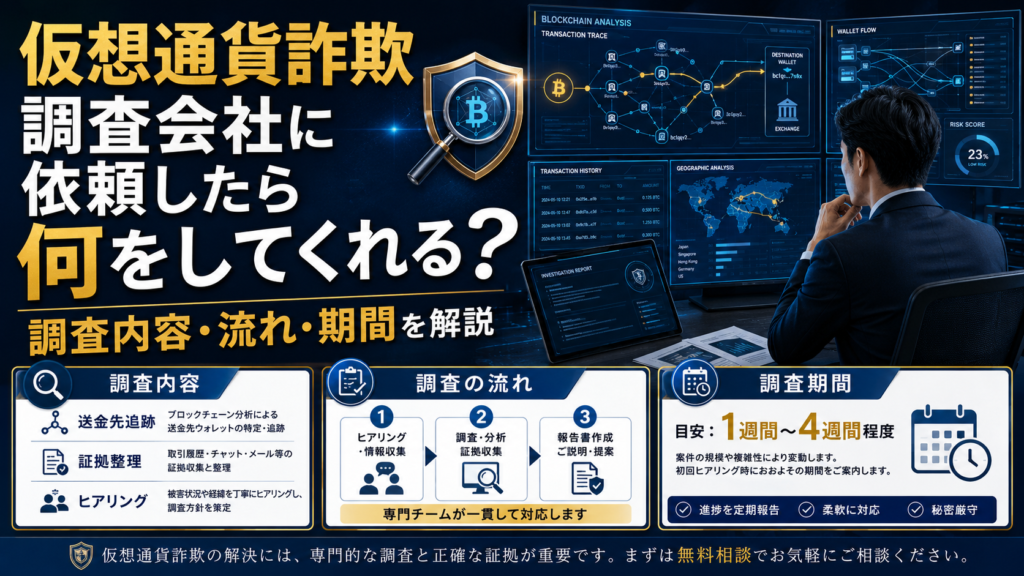 仮想通貨詐欺調査会社に依頼したら何をしてくれる？調査内容・流れ・期間を解説