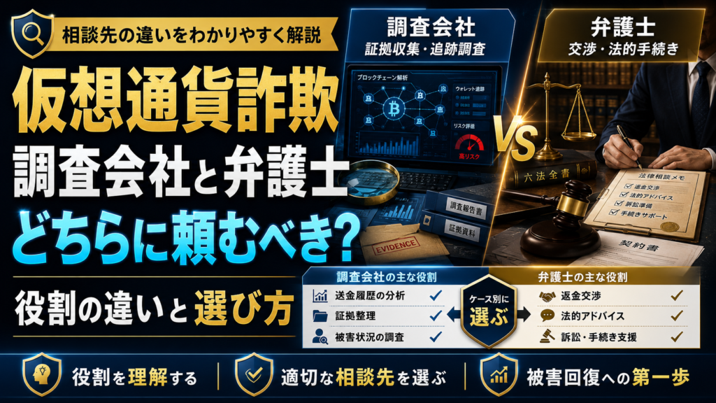 仮想通貨詐欺は調査会社と弁護士どちらに頼むべき？役割の違いと選び方