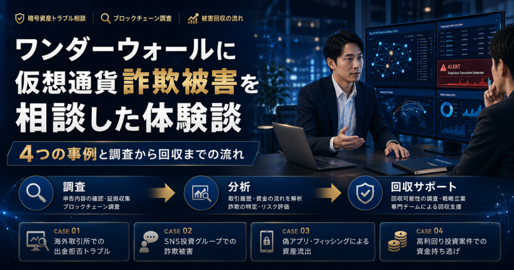 ワンダーウォールに仮想通貨詐欺被害を相談した体験談｜4つの事例と調査から回収までの流れ