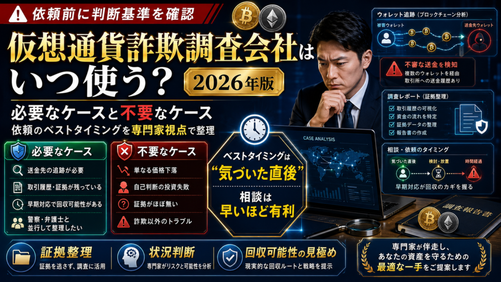 仮想通貨詐欺調査会社はいつ使う？必要なケースと不要なケース・依頼のベストタイミングを専門家視点で整理